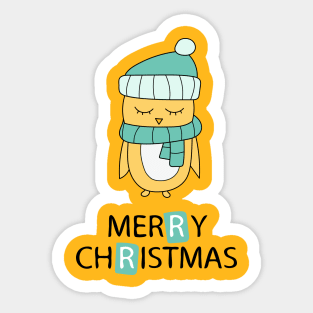 Merry Christmas greeting card with yellow chicken in scarf Sticker